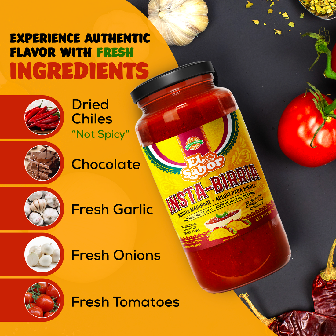 Insta-Birria - Gourmet Birria Marinade, Ready to Use. Just Add Meat and Water - 32oz Glass Jar for 10lbs of Meat